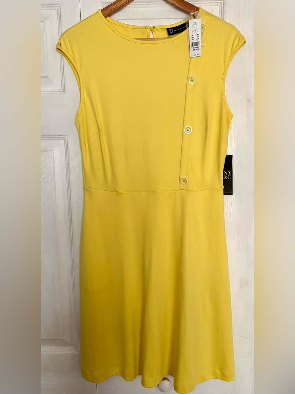 New York & Company Bright Yellow Sleeveless Sheath Dress with Button Accents